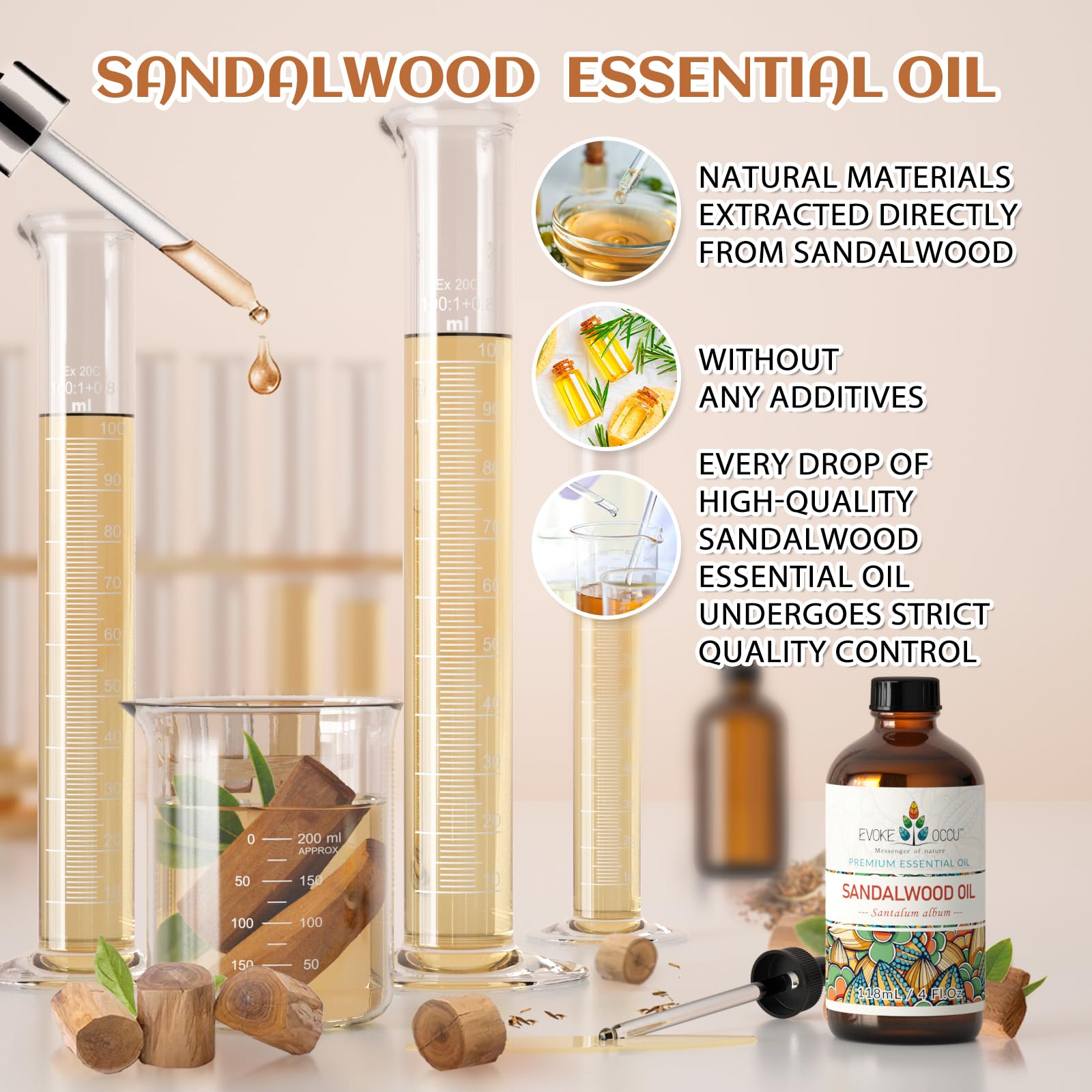 Arrangement of sandalwood oil with wooden dropper