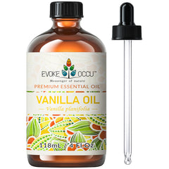 EVOKE OCCU Vanilla Essential Oil in amber glass bottle with dropper.