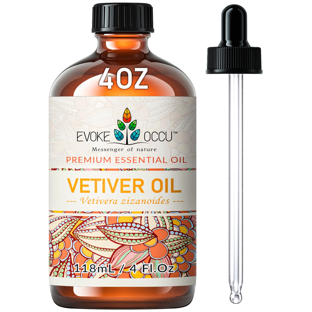 Front view of EVOKE OCCU Vetiver Essential Oil 4 Oz bottle