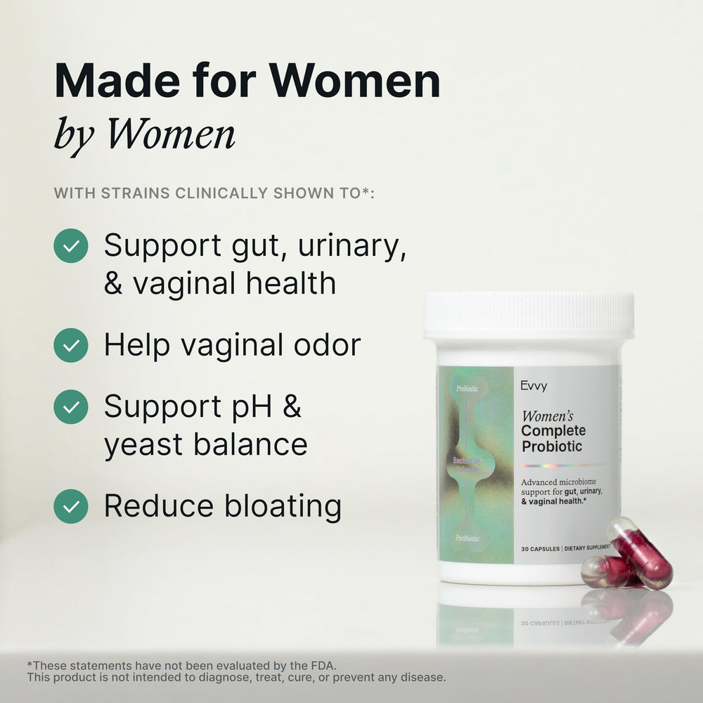 Close-up of product label highlighting gut, urinary, and vaginal health