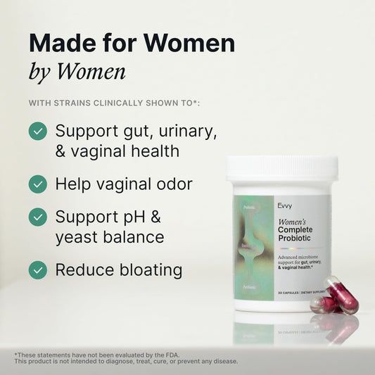 Close-up of product label highlighting gut, urinary, and vaginal health