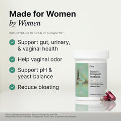 Close-up of product label highlighting gut, urinary, and vaginal health