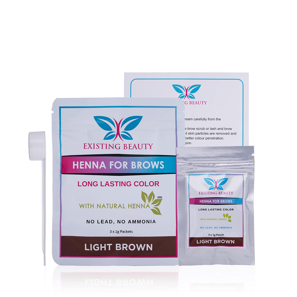 Existing Beauty light brown eyebrow henna kit packaging for long-lasting brow color at home