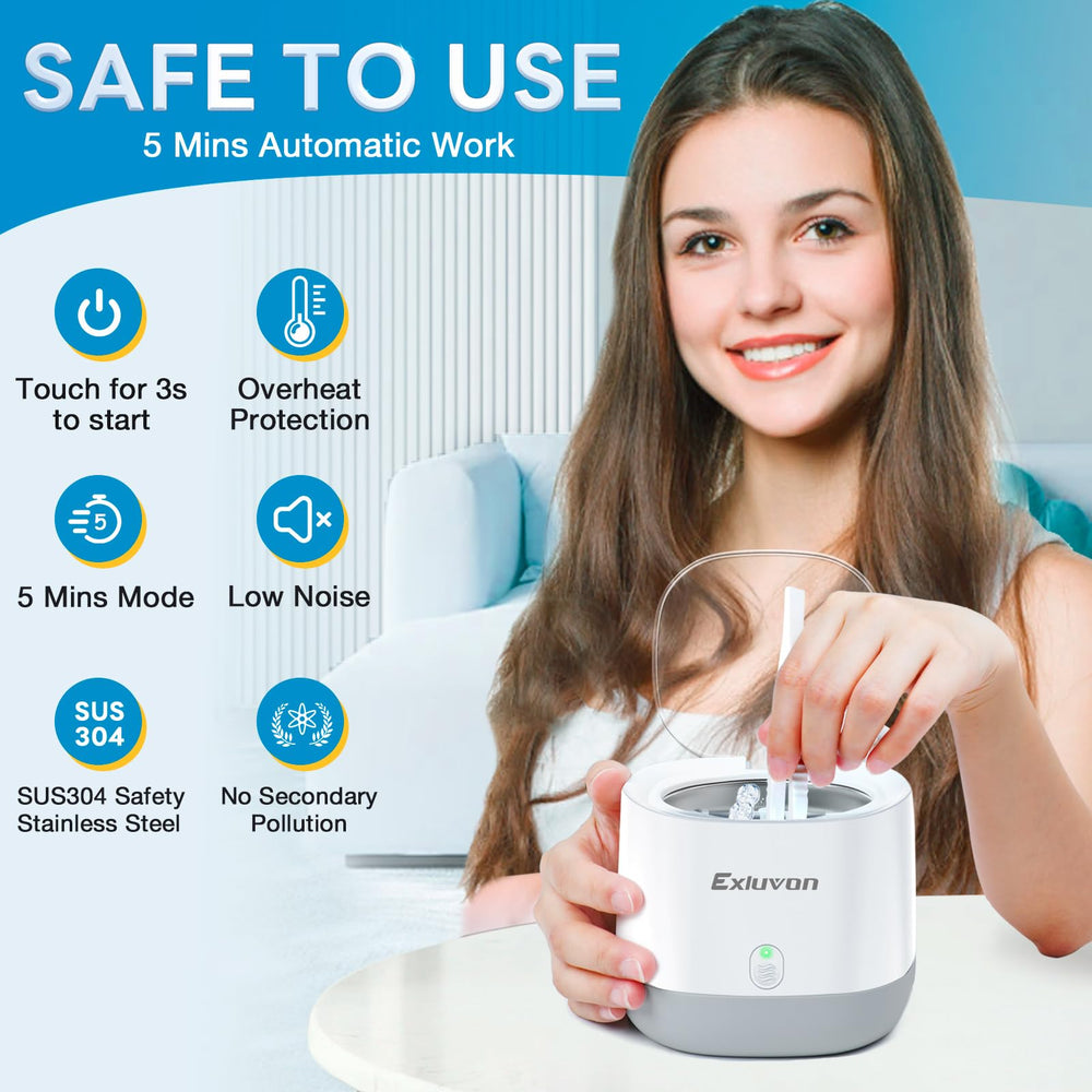 Dentures and jewelry being cleaned in Exluvon ultrasonic cleaner