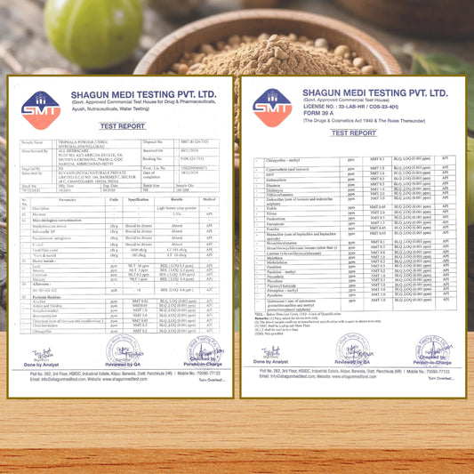 Back label of Exotic Veda Triphala Powder 100g