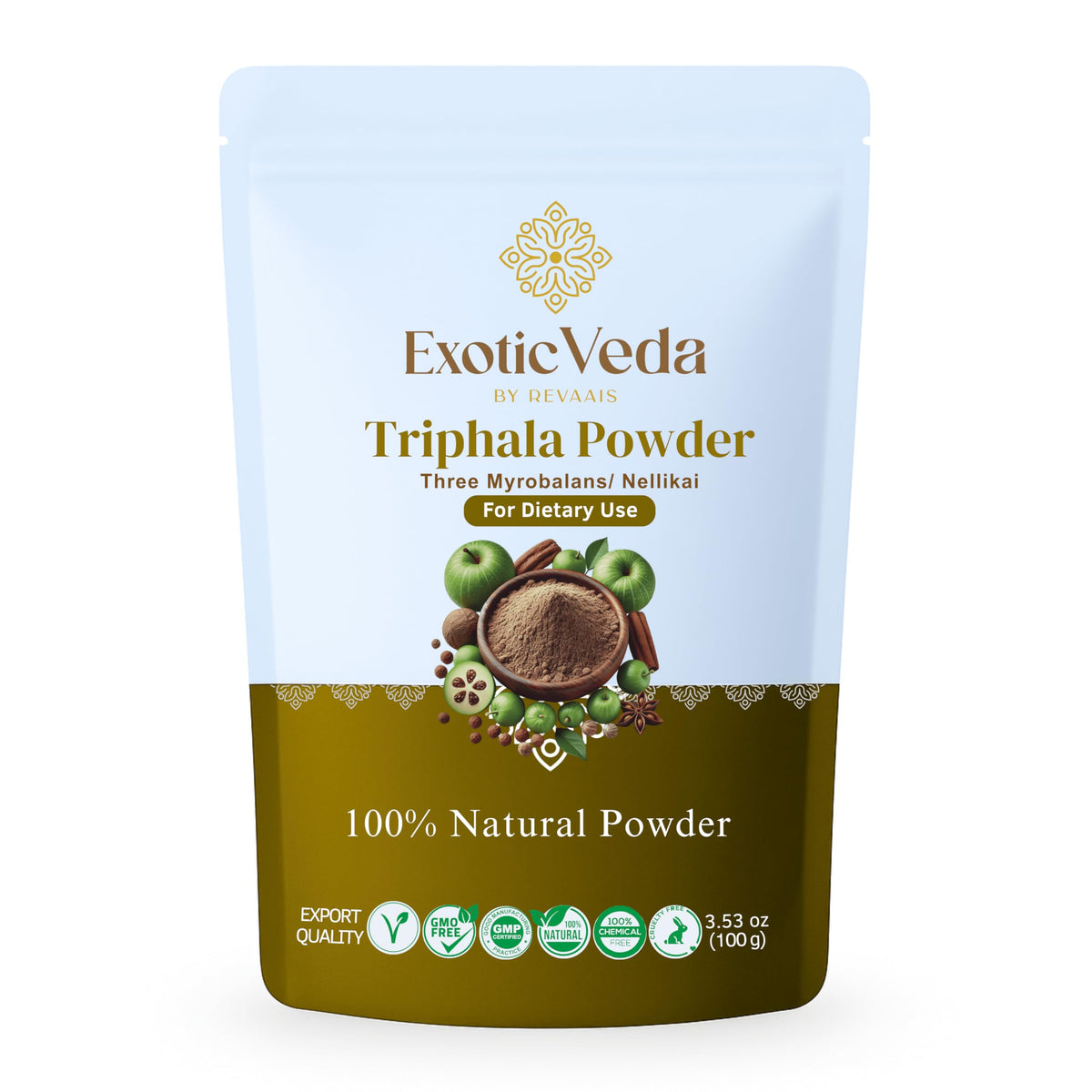 Front view of Exotic Veda Triphala Powder 100g container
