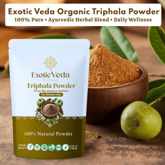 Triphala powder label with ingredients and benefits