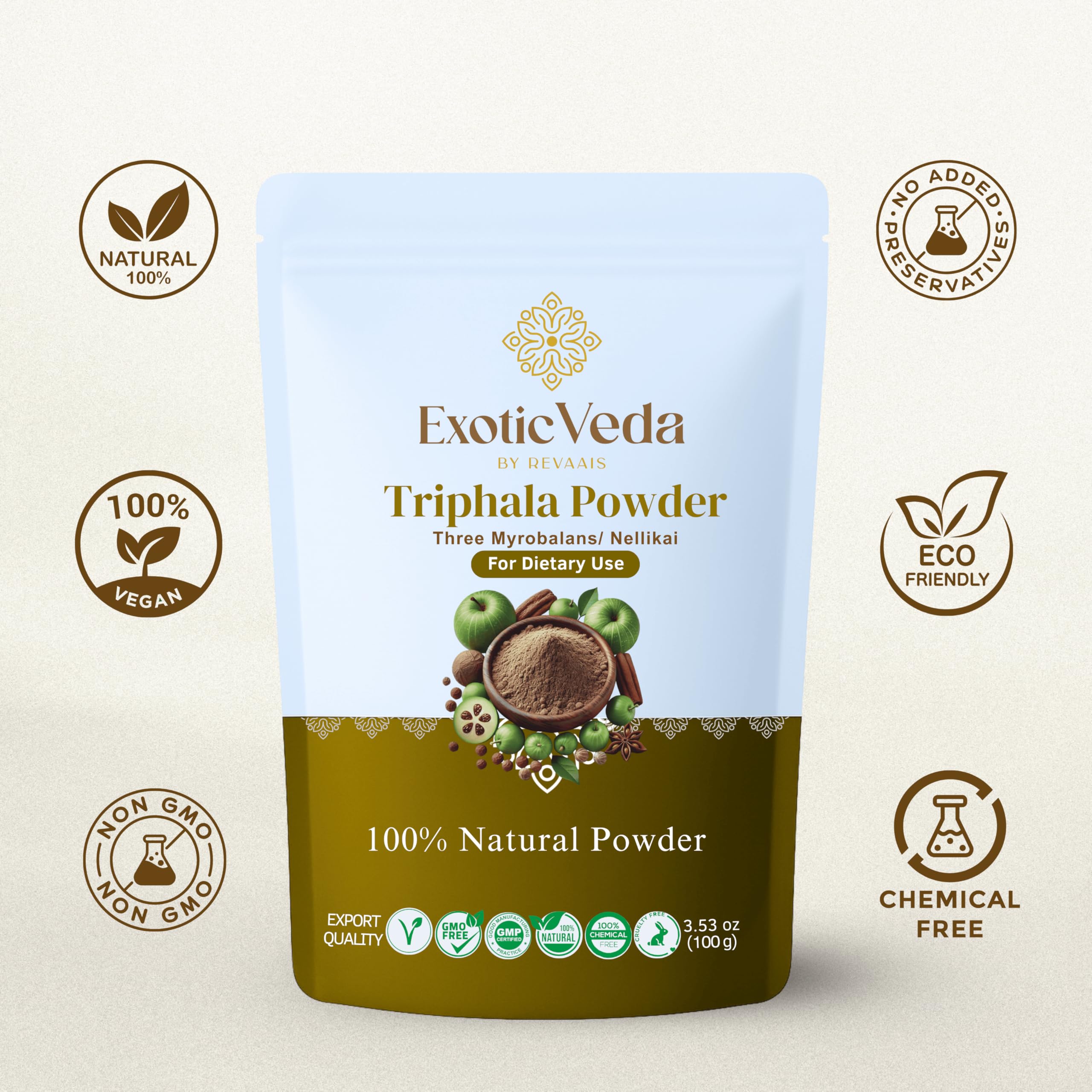 Close-up of Exotic Veda Triphala Powder packaging