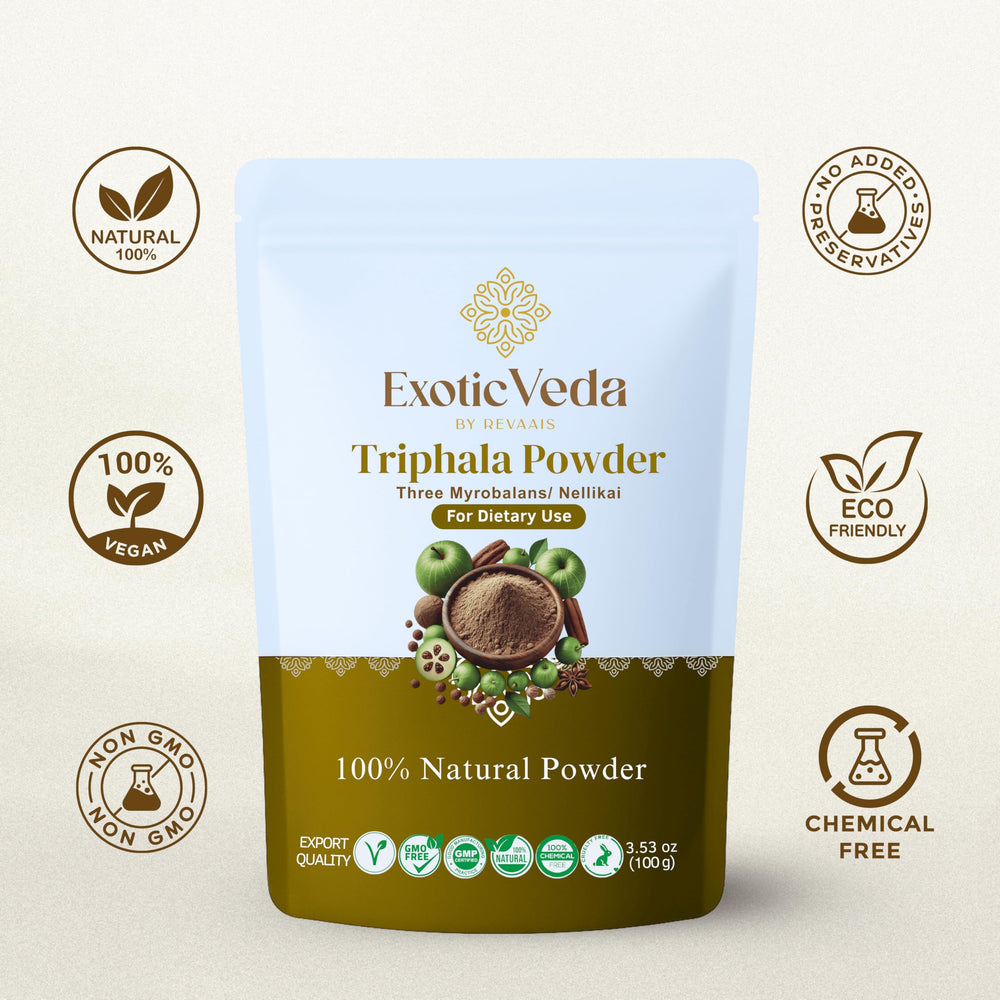Close-up of Exotic Veda Triphala Powder packaging