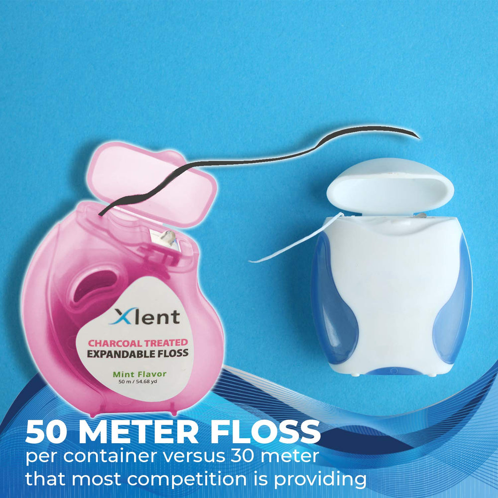 Expandable floss expanding between teeth showing charcoal treatment