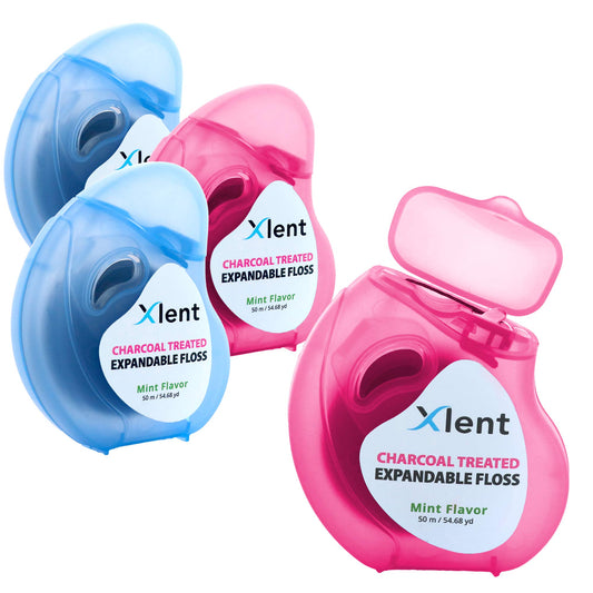 Expandable floss container with activated charcoal branding