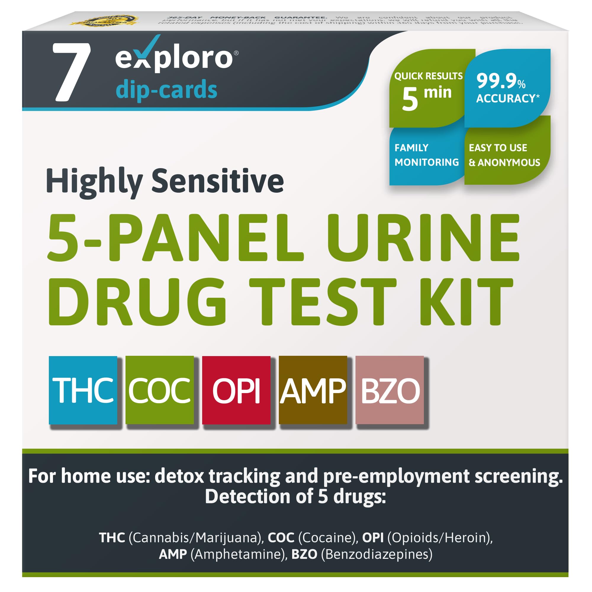 Exploro 5 Panel Drug Test Kit box with seven tests