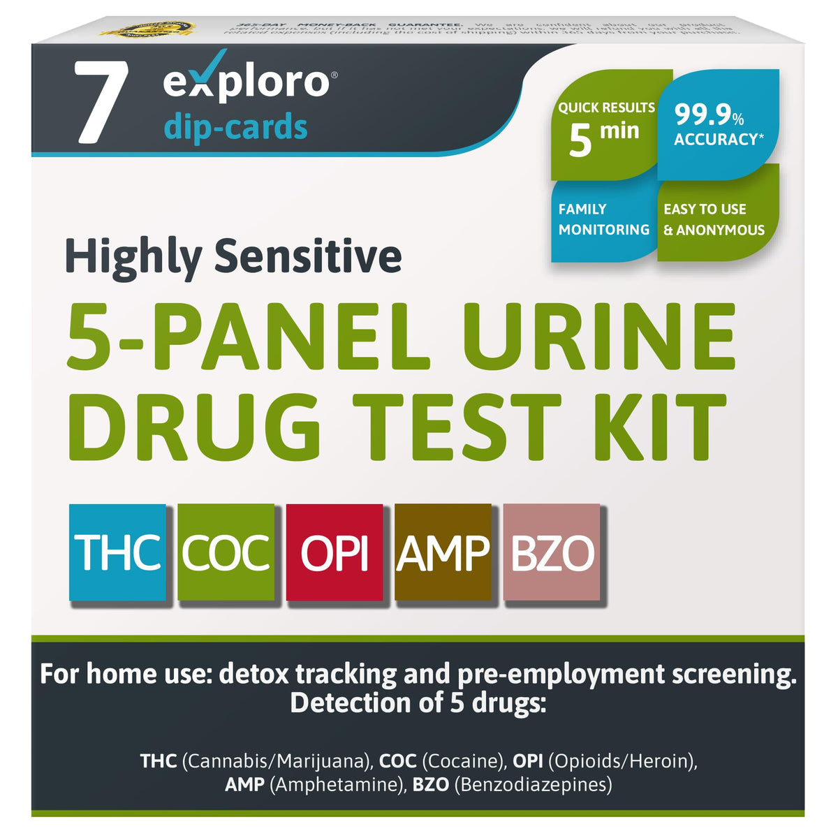 Exploro 5 Panel Drug Test Kit box with seven tests