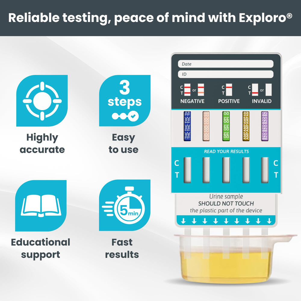5-panel urine drug test strips showing control and test lines