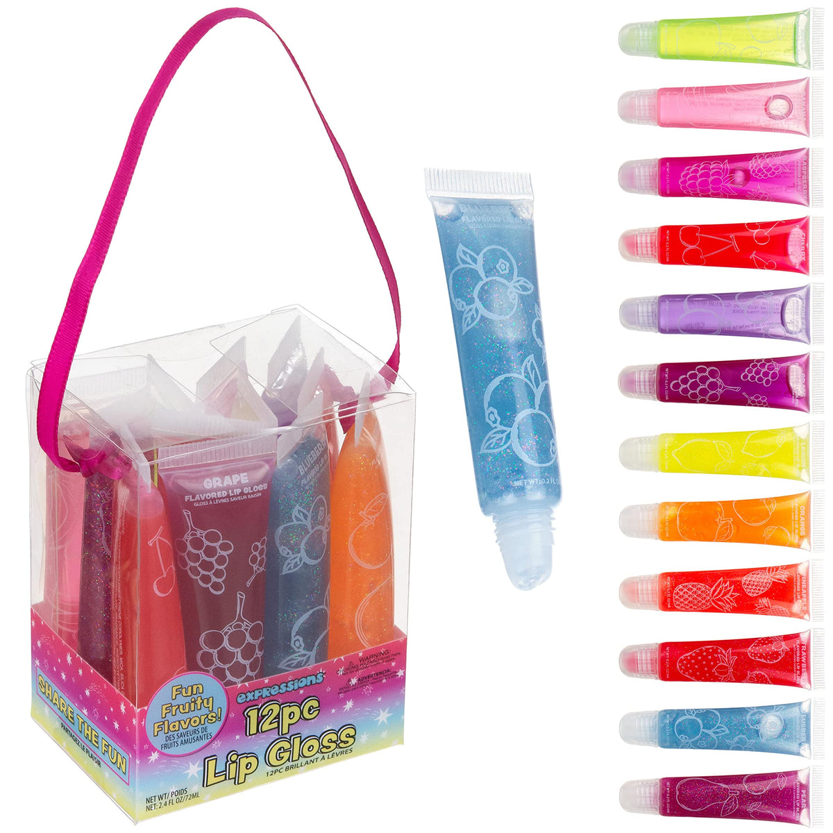 Expressions 12-pack flavored lip gloss set with fruity flavors for kid-friendly use and on-the-go prep.