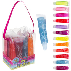 Expressions 12-pack flavored lip gloss set with fruity flavors for kid-friendly use and on-the-go prep.