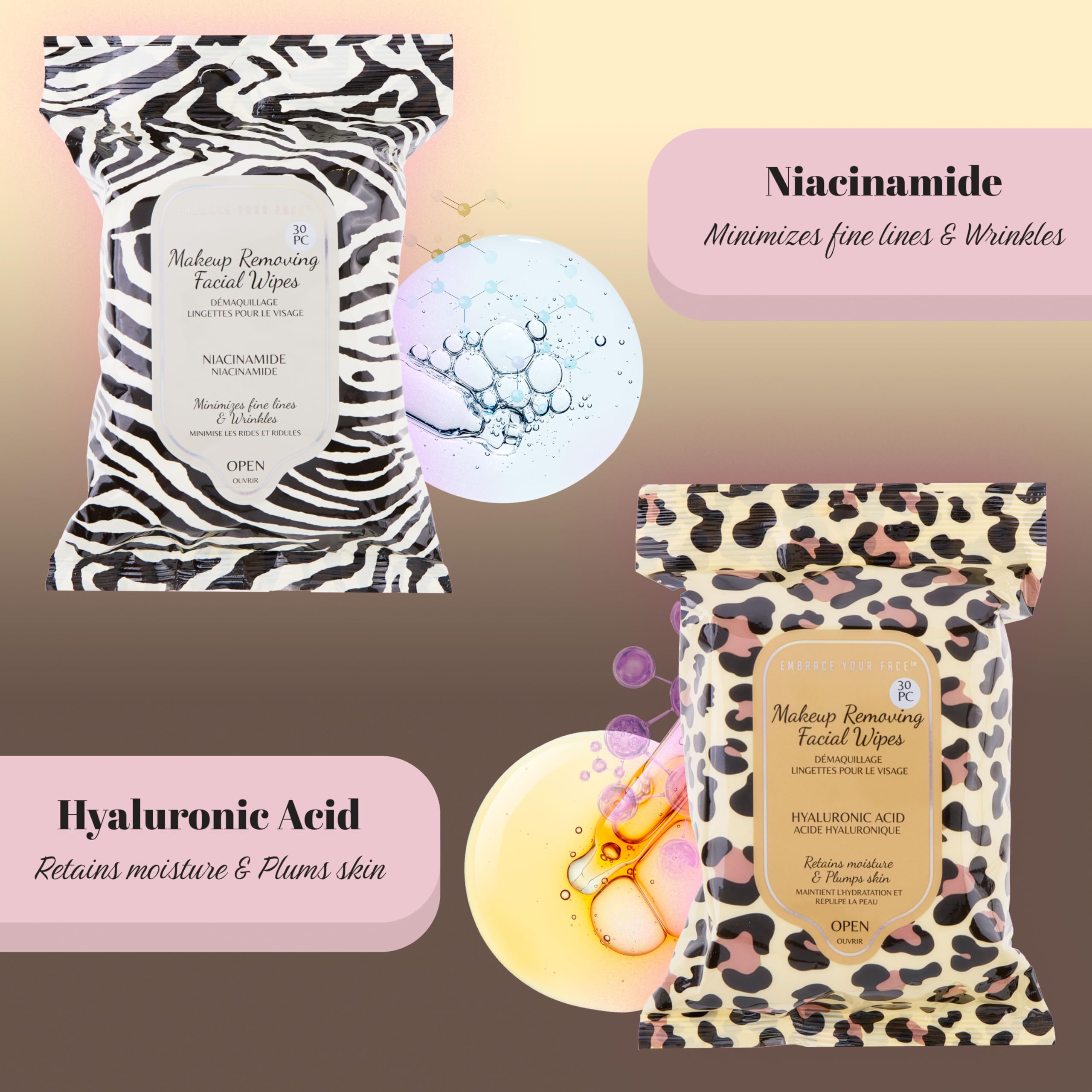 Expressions 4-Pack Makeup Removing Wipes wipe on skin demo showing quick makeup removal.