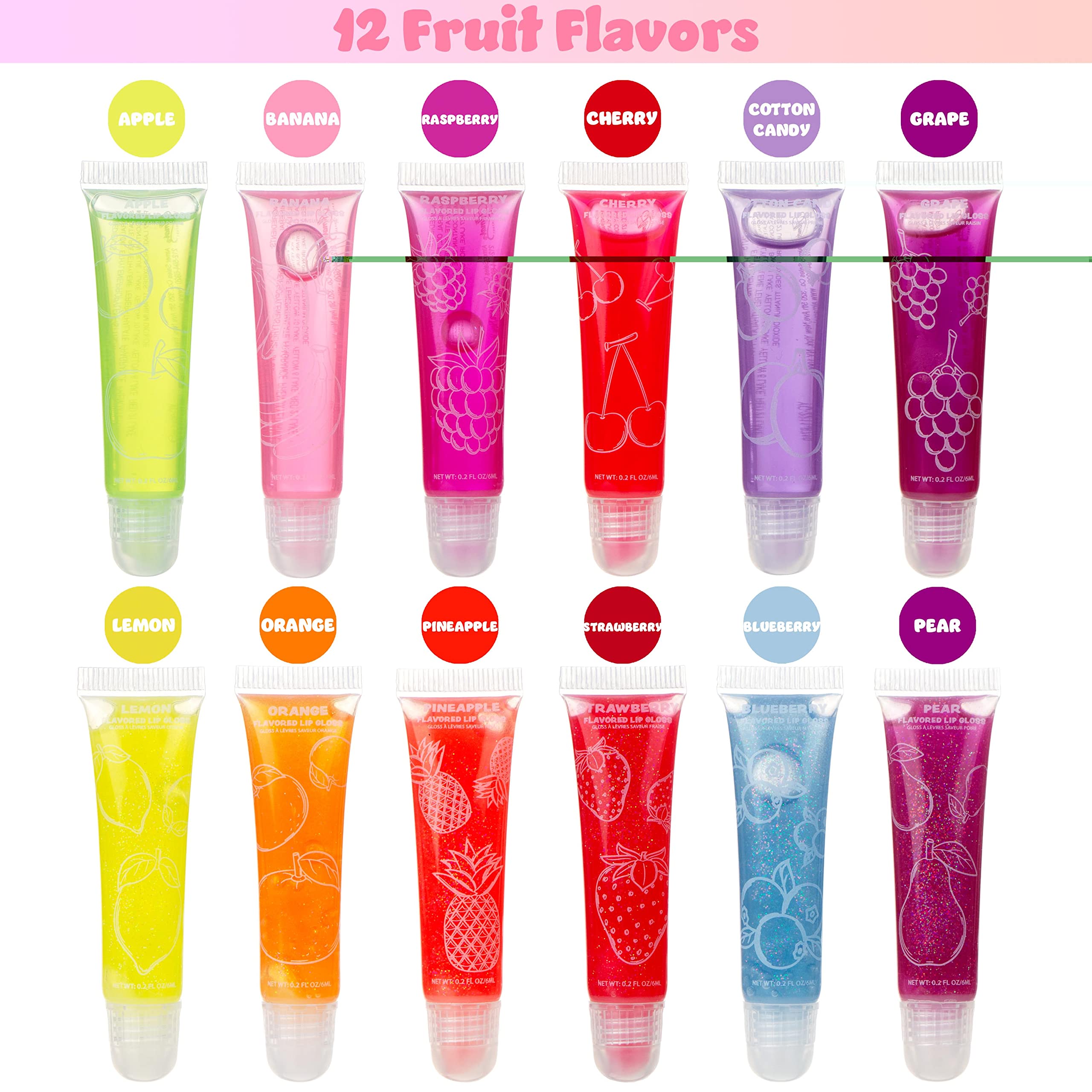 Expressions fruit flavors orange blueberry pineapple lip gloss for hydrating application and playful scent.
