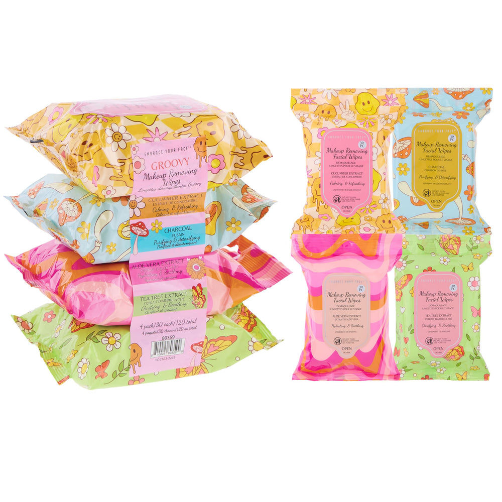 EXPRESSIONS Groovy 4-pack wipes pack shot demonstrates convenient cleansing for all skin types.