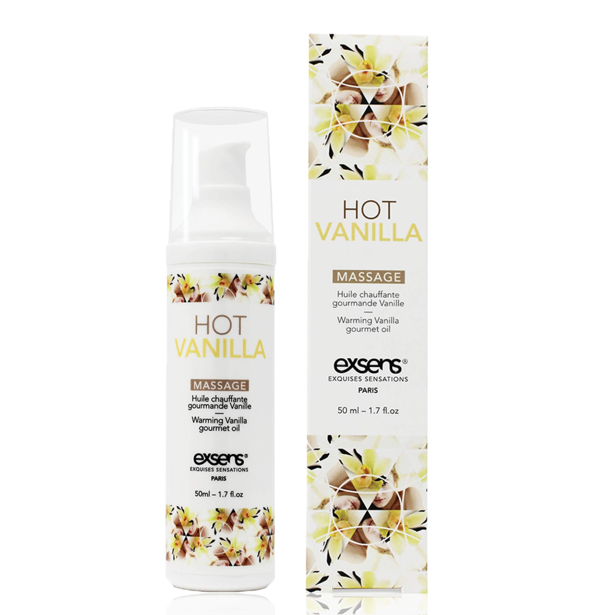 Exsens Hot Vanilla Warming Massage Oil bottle with glow-in-the-dark strip