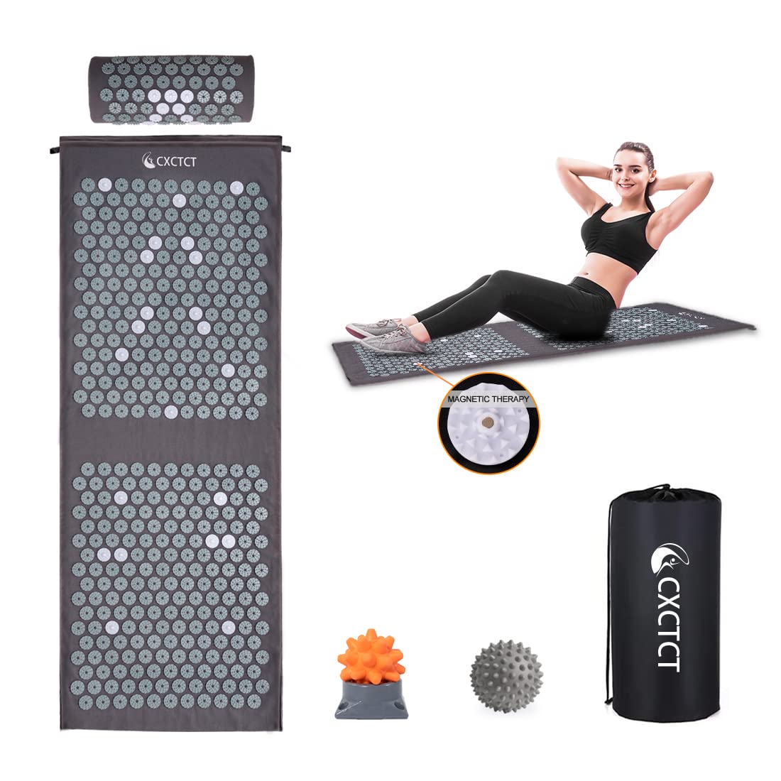 Extra-long yoga acupressure mat set in grey