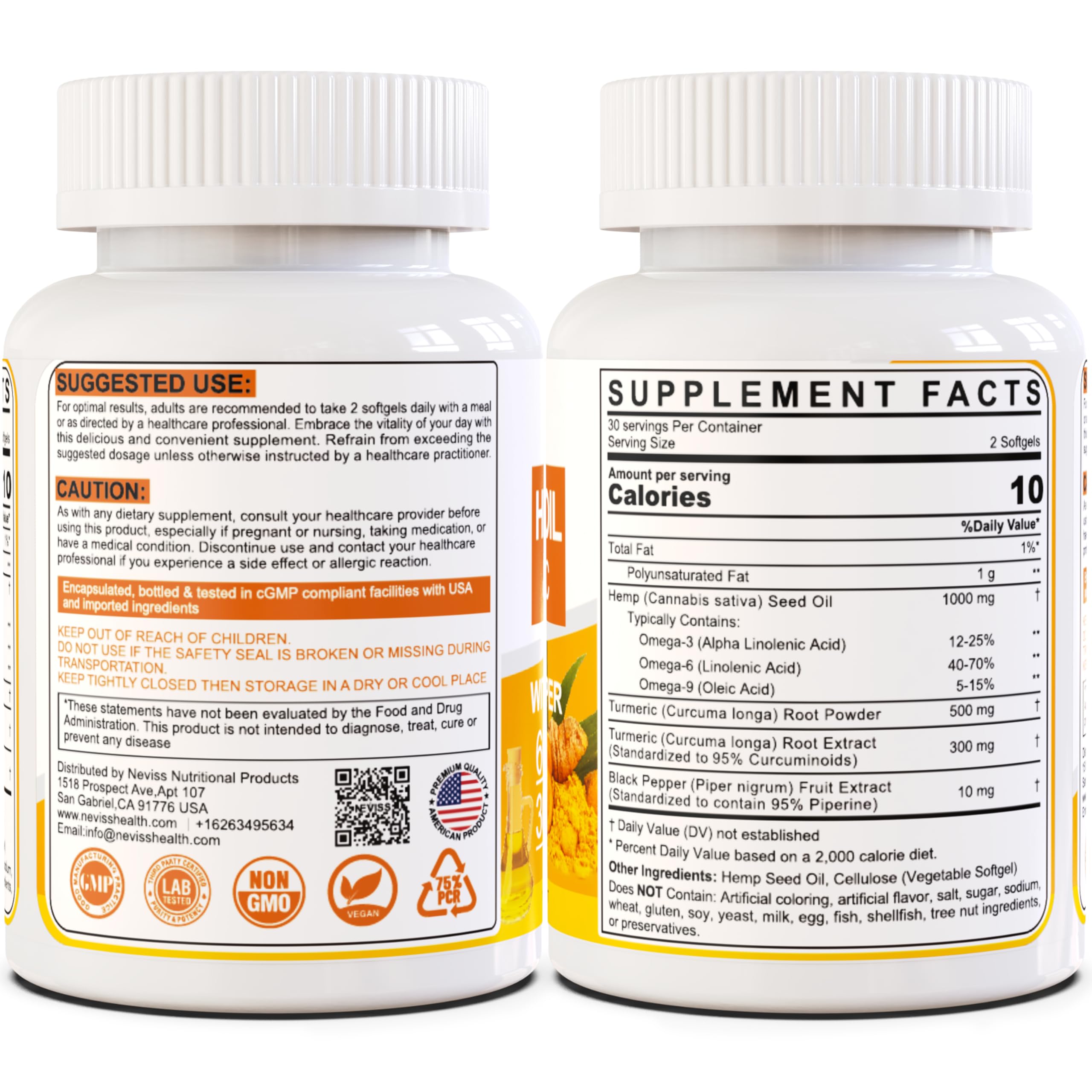 120-count extra-strength hemp oil turmeric softgels packaging