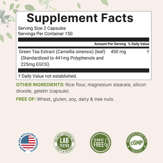 Close-up of green tea capsules showing potency