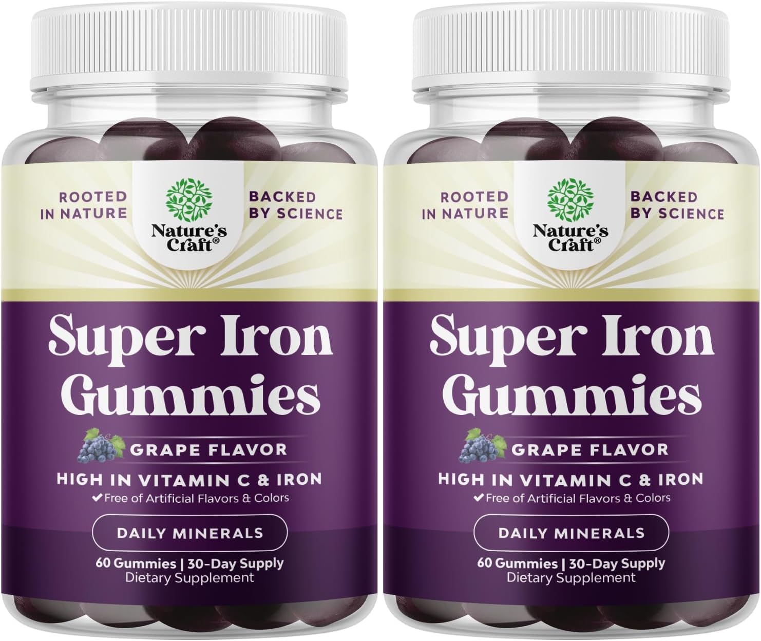Bottle of Extra Strength Iron Gummies for Adults (60 servings) with Vitamin C