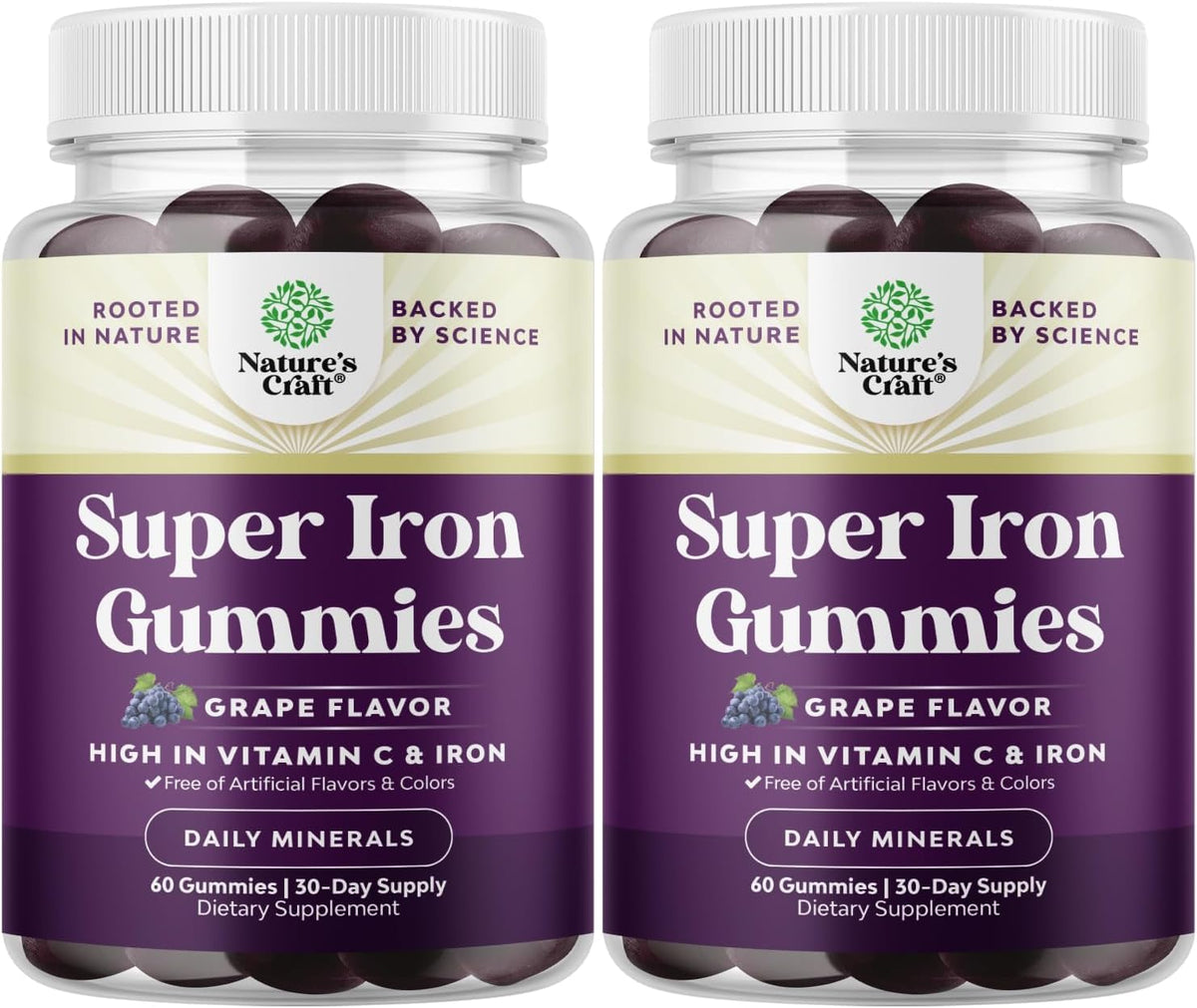 Bottle of Extra Strength Iron Gummies for Adults (60 servings) with Vitamin C