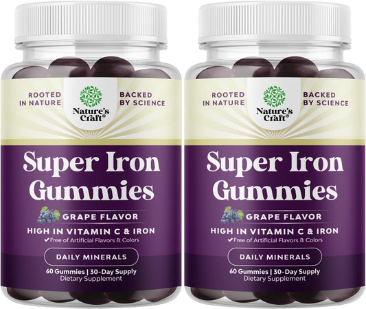 Bottle of Extra Strength Iron Gummies for Adults (60 servings) with Vitamin C