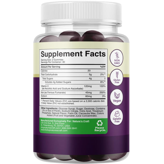 Close-up view of chewable iron gummy vitamins