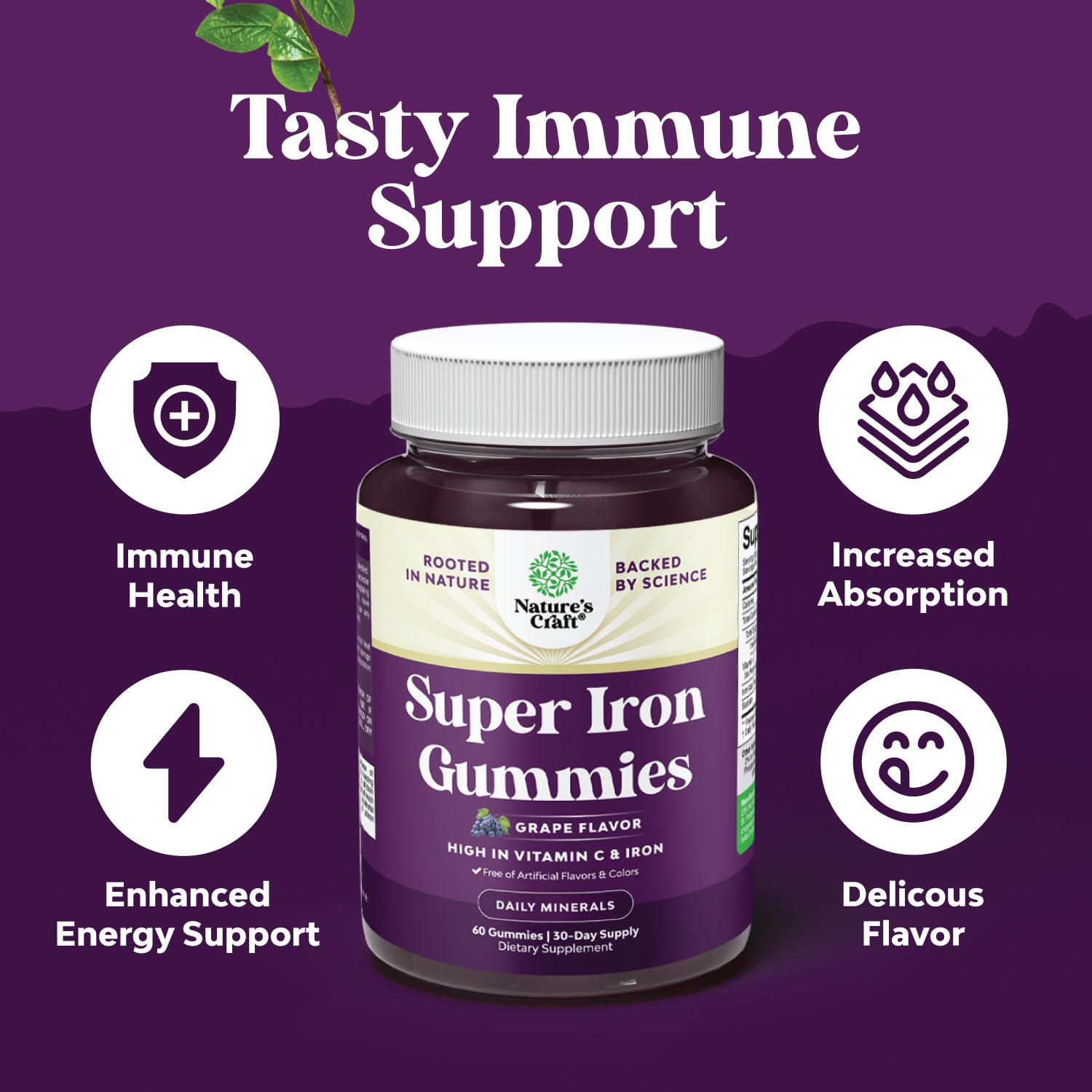 Front packaging of Extra Strength Iron Gummies labeled vegan and gluten-free