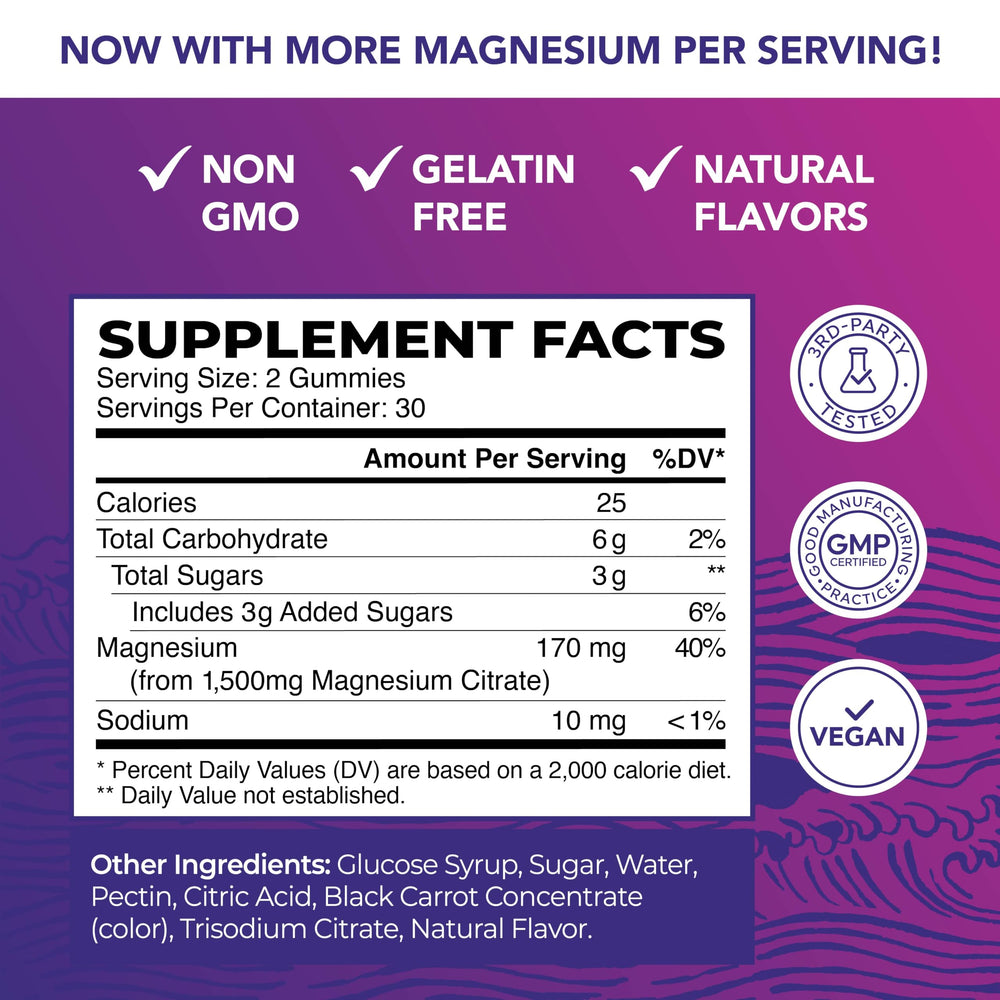 Extra-strength magnesium gummies with 170 mg elemental magnesium per serving