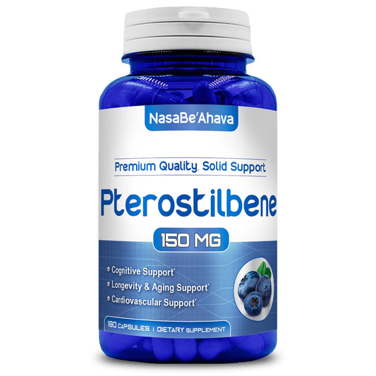 Front view of Extra Strength Pterostilbene 150mg vegan capsules bottle