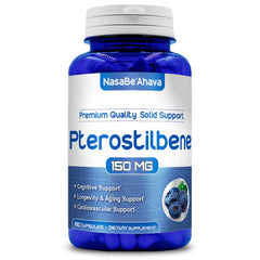 Front view of Extra Strength Pterostilbene 150mg vegan capsules bottle