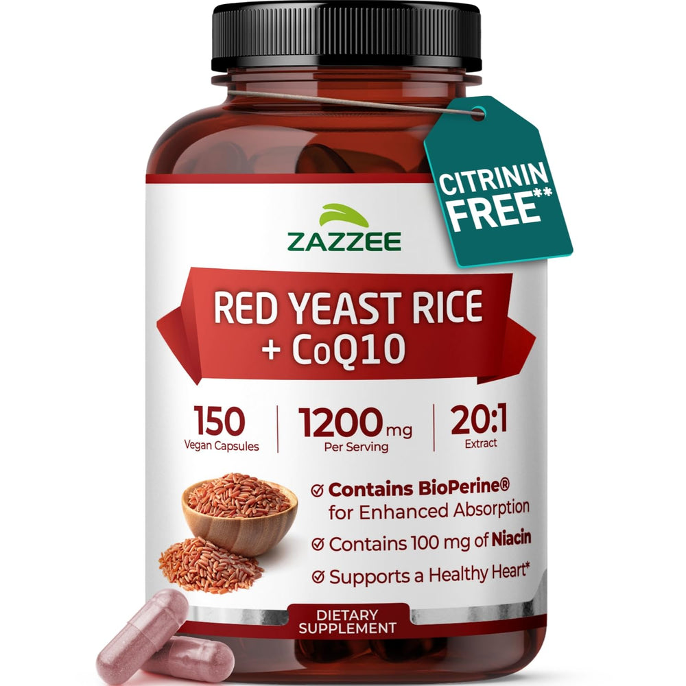 Bottle front label: Extra Strength Red Yeast Rice with CoQ10 and BioPerine