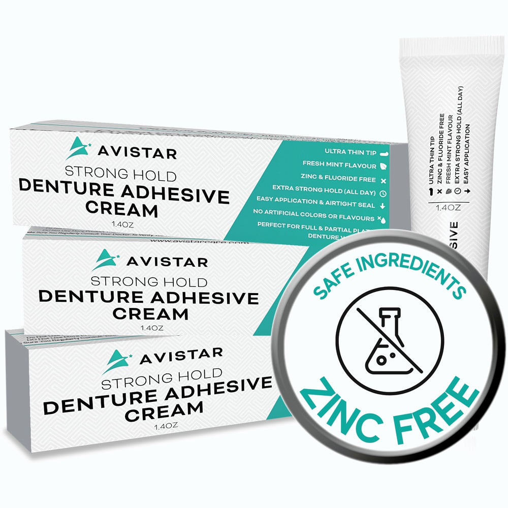 Front view of Extra Strong Denture Adhesive Cream 3-pack with 4.2 fl oz tubes