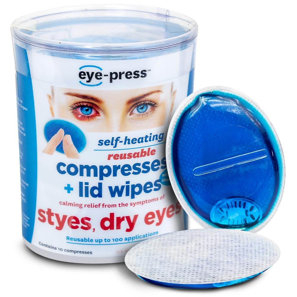 Eye-Press self-heating eye compress shows activation button delivering soothing moist heat.