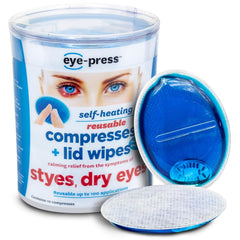 Eye-Press self-heating eye compress shows activation button delivering soothing moist heat.
