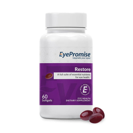 EyePromise Restore Eye Health Supplement bottle with capsules on white background