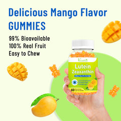 Graphic highlighting ingredients: lutein, zeaxanthin, bilberry, astaxanthin, vitamins