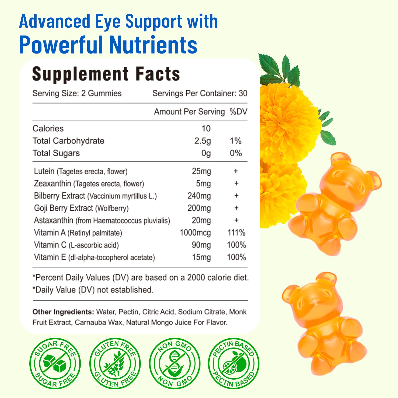 Close-up of mango-flavored eye health gummies