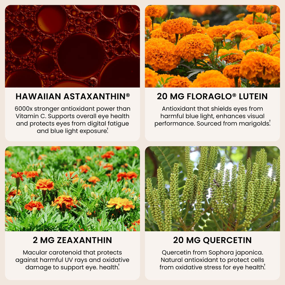 EyeAstin ingredients featuring BioAstin Hawaiian Astaxanthin lutein and zeaxanthin