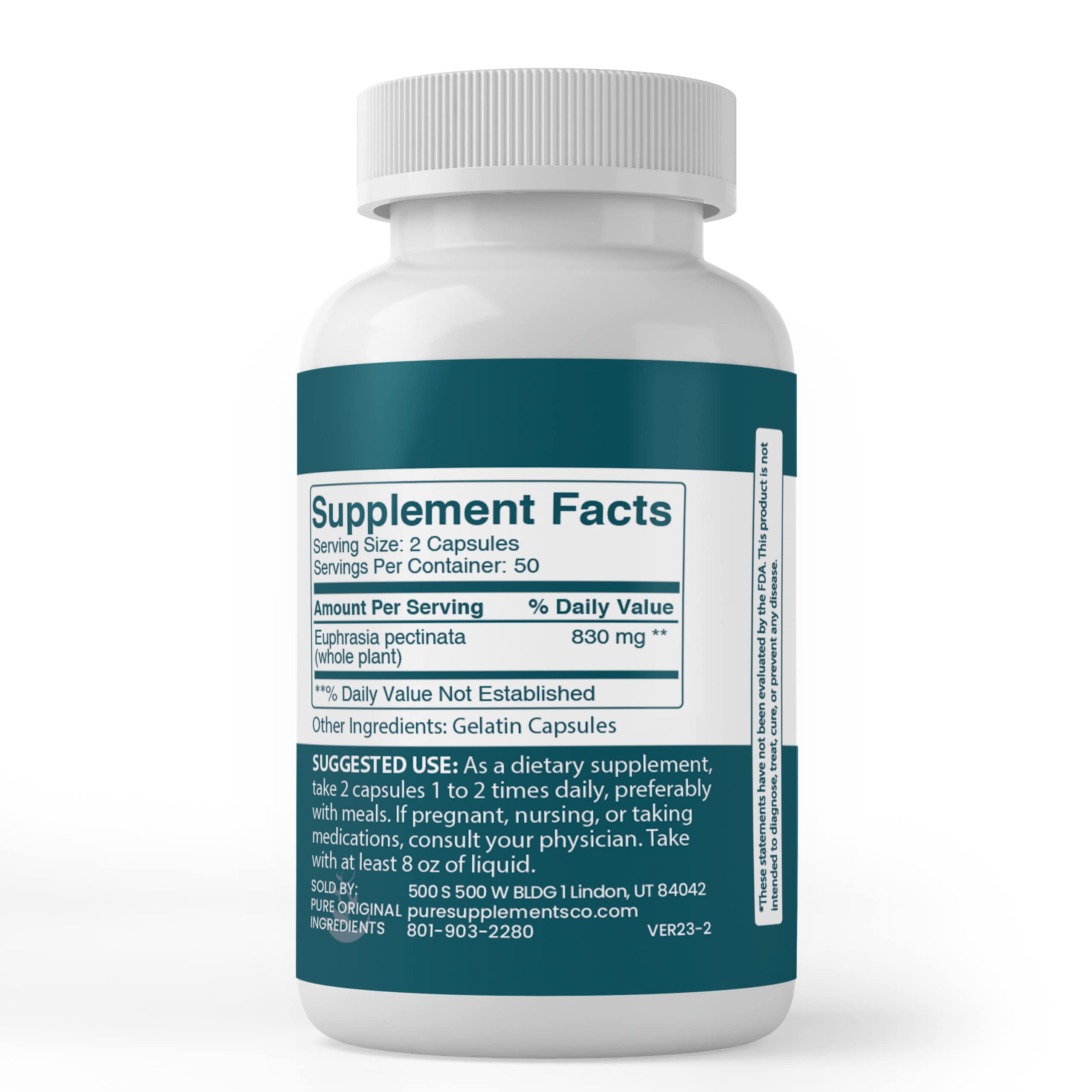Eyebright capsules label indicating no additives or fillers
