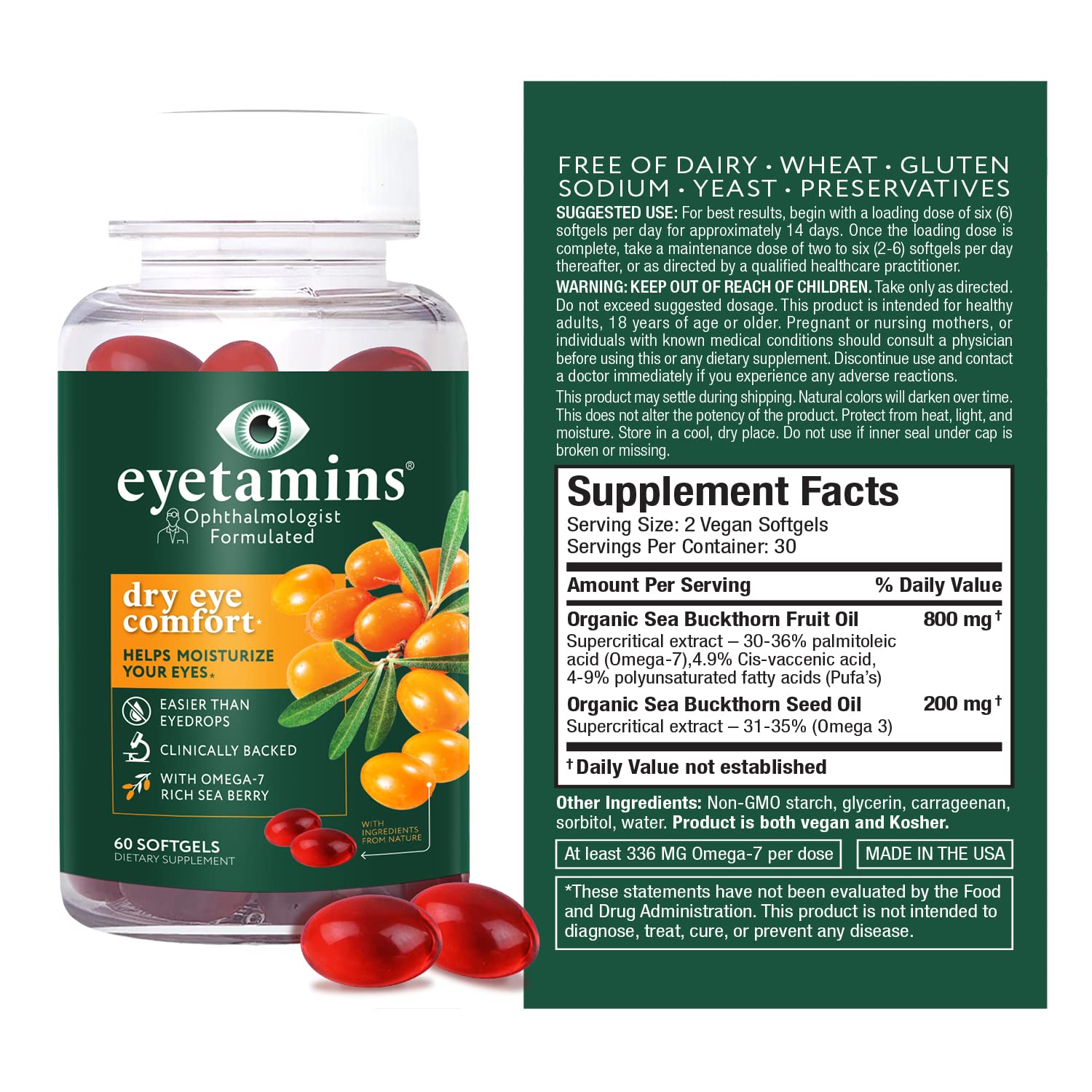 eyetamins Sea Buckthorn oil ingredient supports antioxidant rich formula.