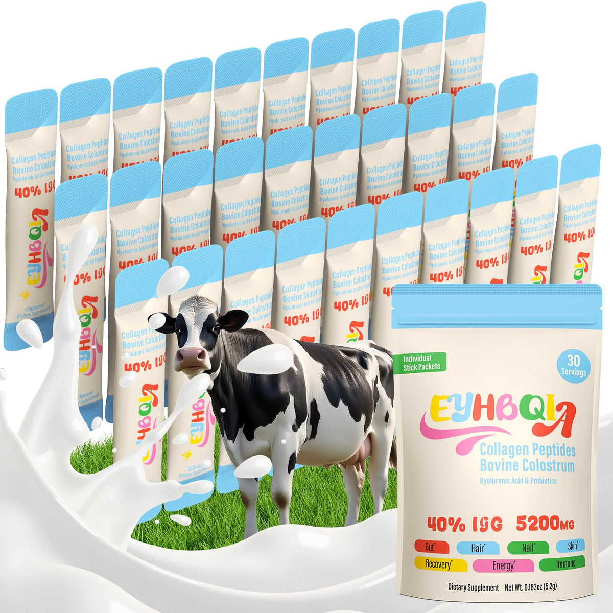 Front view of EYHBQIA collagen & colostrum powder with hyaluronic acid