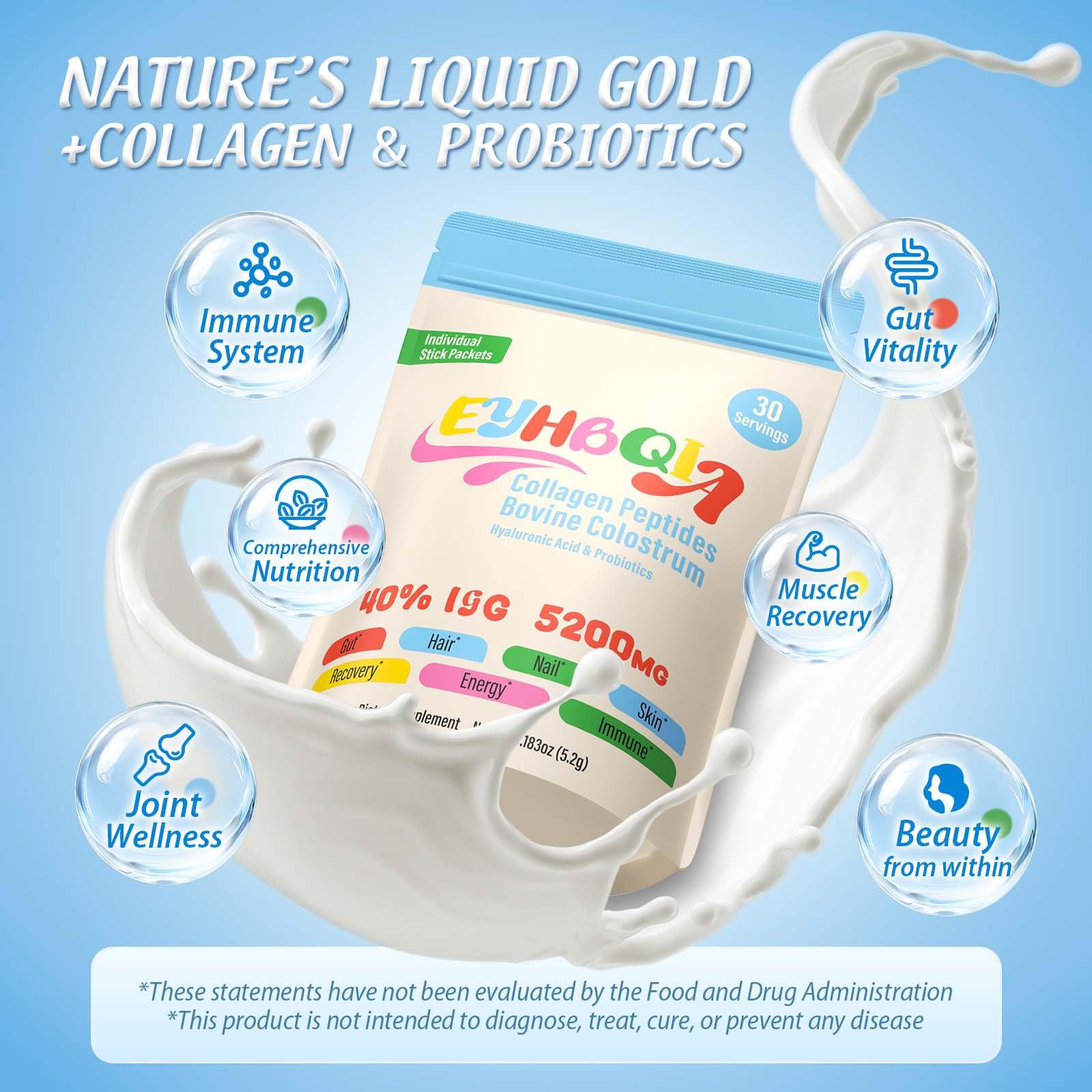 On-the-go packets for EYHBQIA collagen and colostrum supplement