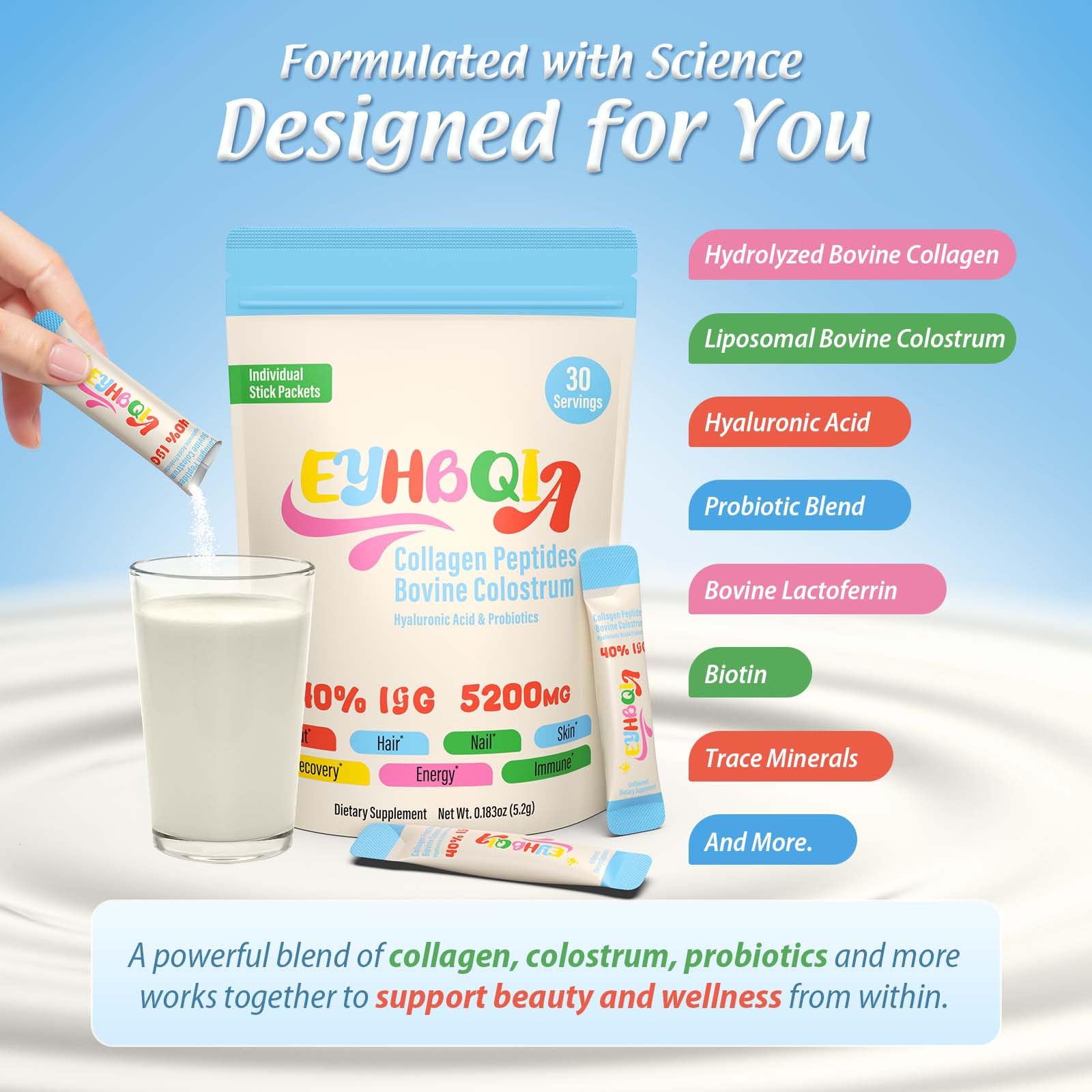 Probiotics and lactoferrin for immune health with EYHBQIA