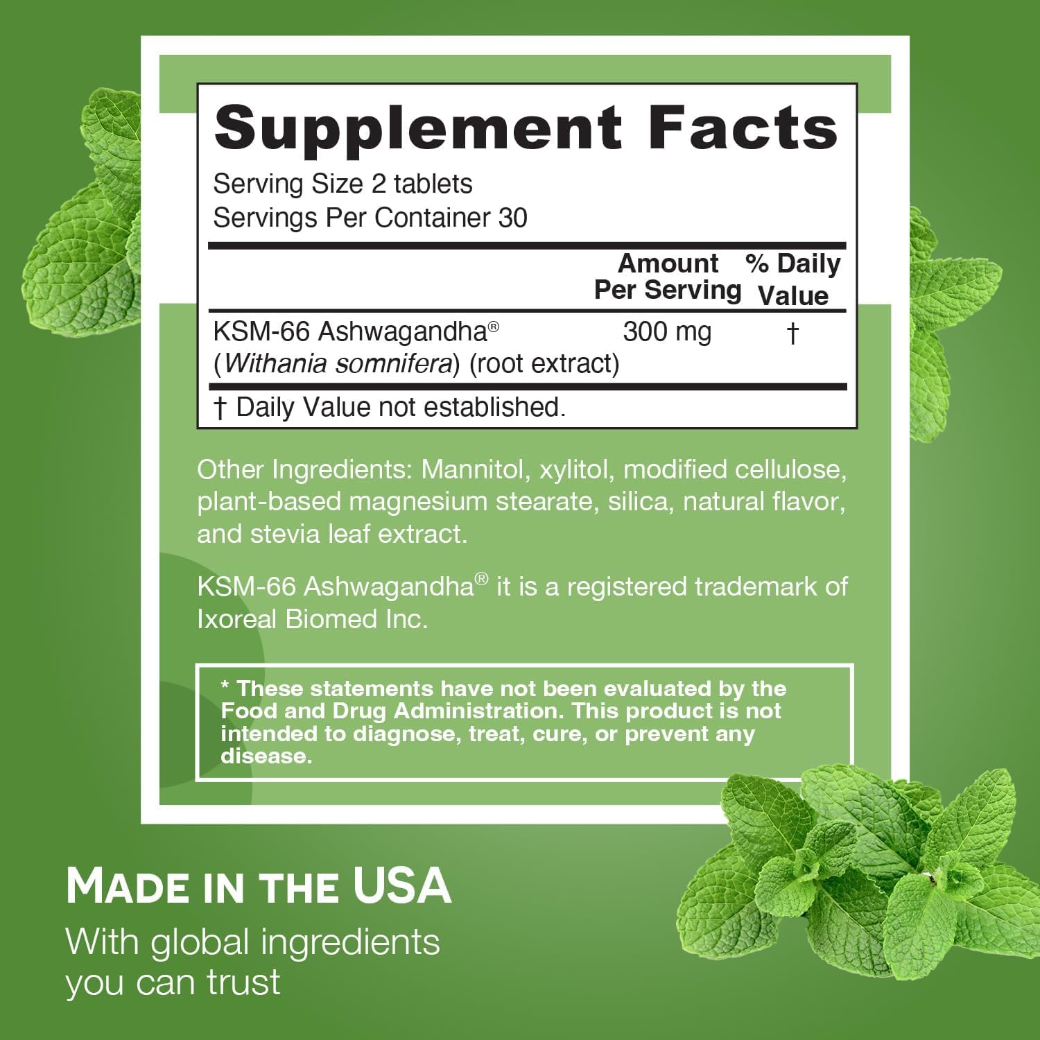 Dissolvable ashwagandha tablet with peppermint chill flavor