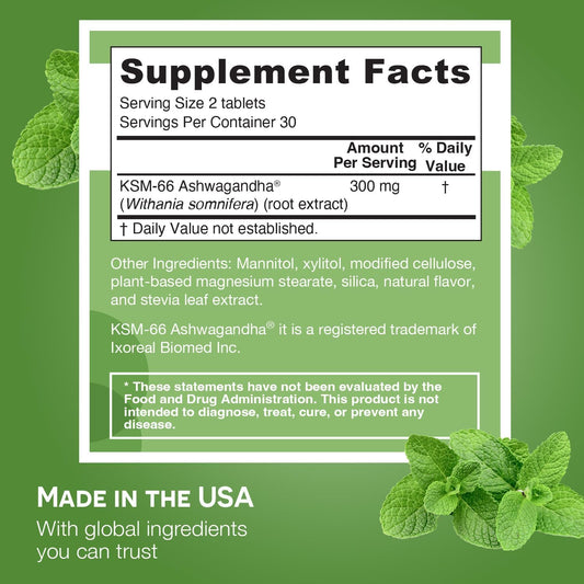 Dissolvable ashwagandha tablet with peppermint chill flavor